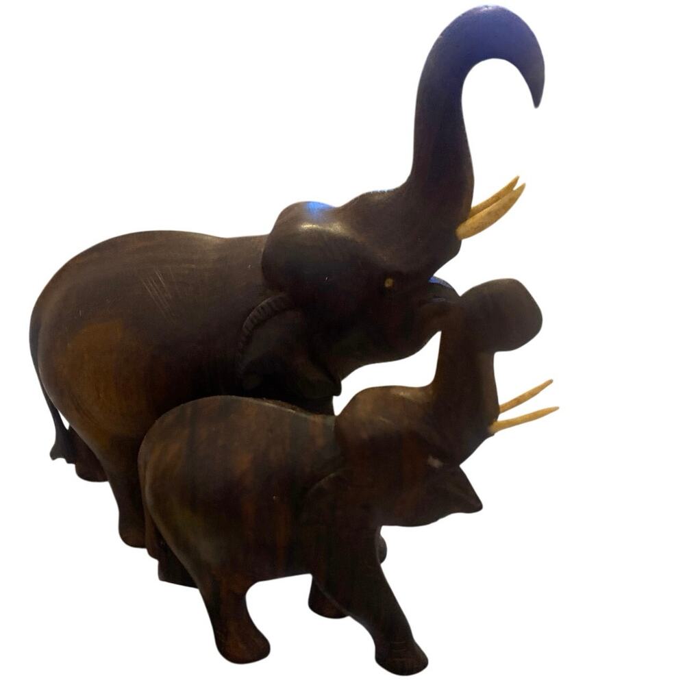 Set of TWO Vintage Brown Hand Carved Wooden Elephants with Tusks Figurines